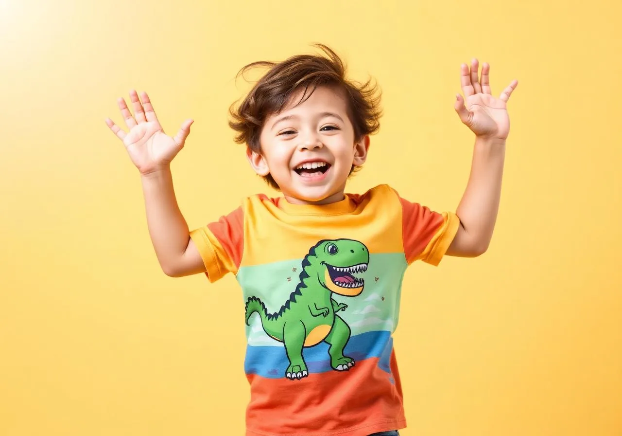 Cheerful boy wearing colorful graphic tee outfit for kids